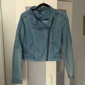 Forever 21 Cropped Light Blue Denim Biker Jacket